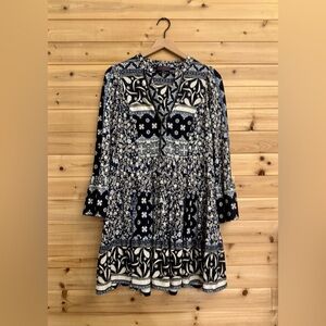 Hale Bob Medium Bohemian Blue Black Long Flare Sleeve V Neck Mini Dress